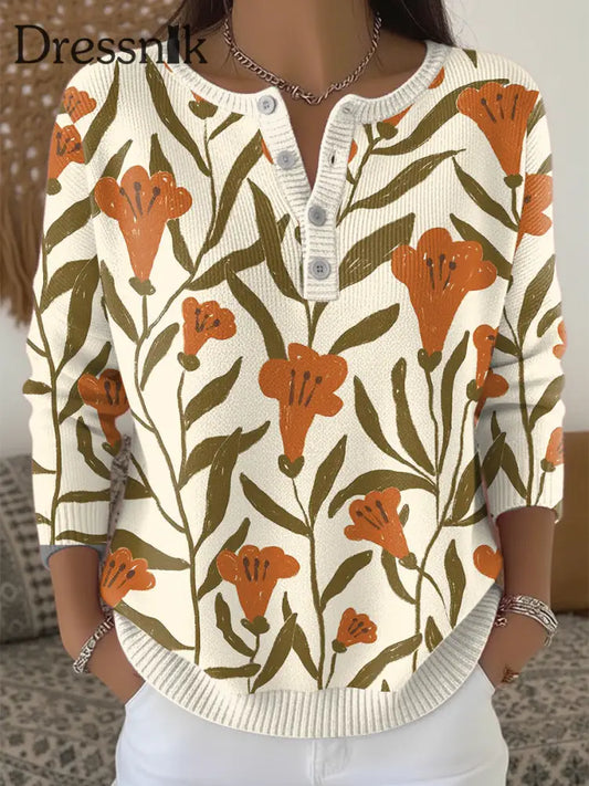 Damen Blumen niedlich lässig Henley Hals Pullover mehrfarbig / S