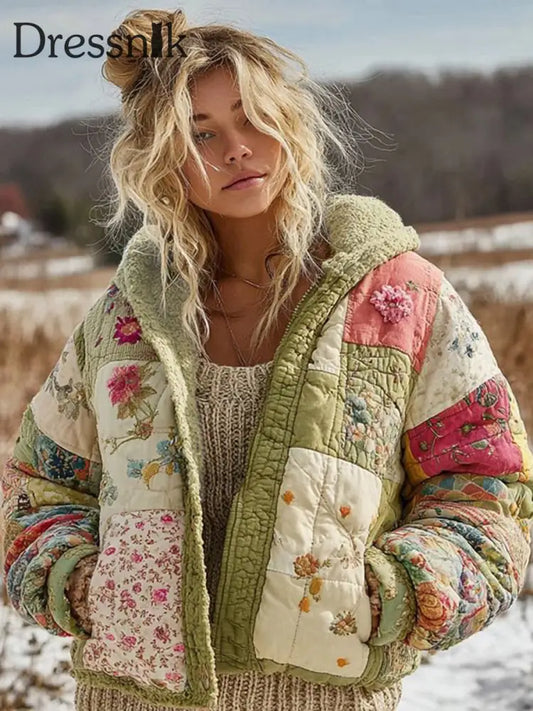 Damen Blumen Patchwork warme Baumwolle gepolsterte Kleidung als bild / S