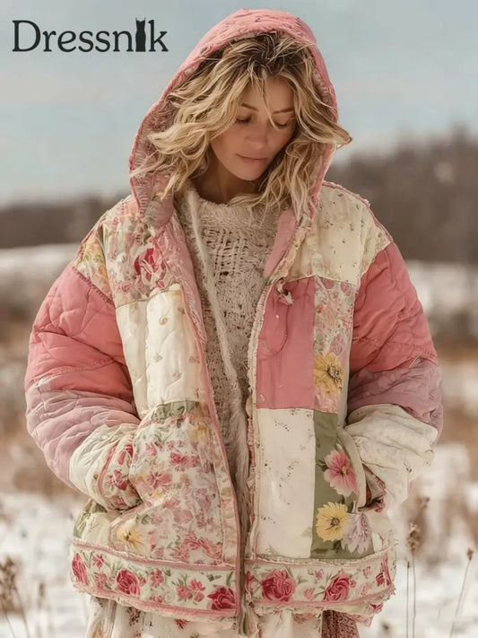 Damen Blumen Patchwork warme Baumwolle gepolsterte Kleidung als bild / S
