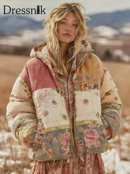 Damen Blumen Patchwork warme Baumwolle gepolsterte Kleidung als bild / S