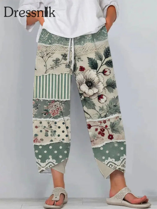 Damen-Blumen-Spitzen-Kunstdruck-Freizeit hosen blau / S