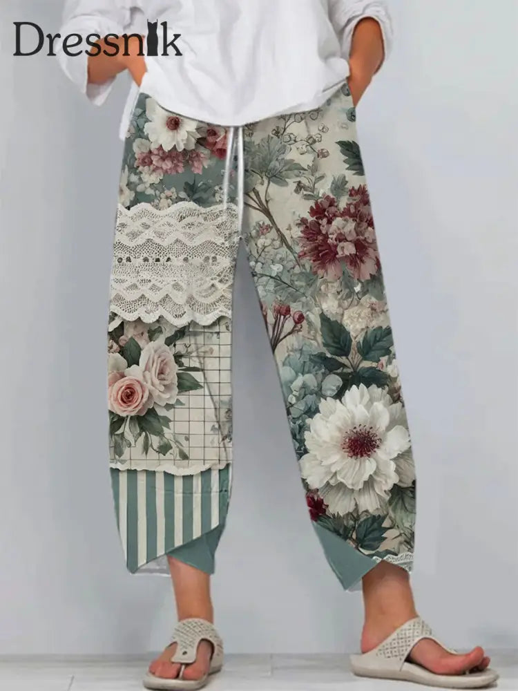 Damen-Blumen-Spitzen-Kunstdruck-Freizeit hosen blau / S