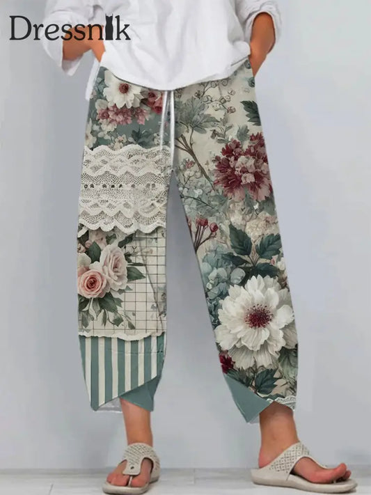 Damen-Blumen-Spitzen-Kunstdruck-Freizeit hosen blau / S