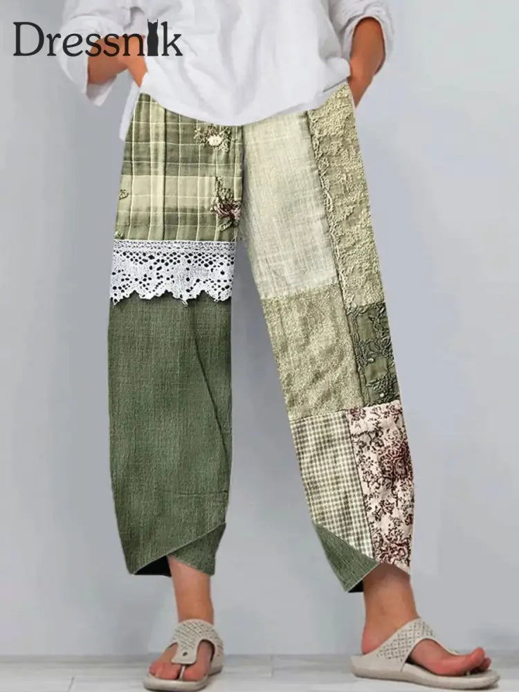 Damen-Blumen-Spitzen-Kunstdruck-Freizeit hosen Grün / S