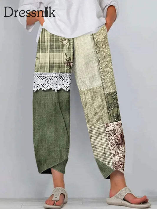 Damen-Blumen-Spitzen-Kunstdruck-Freizeit hosen Grün / S