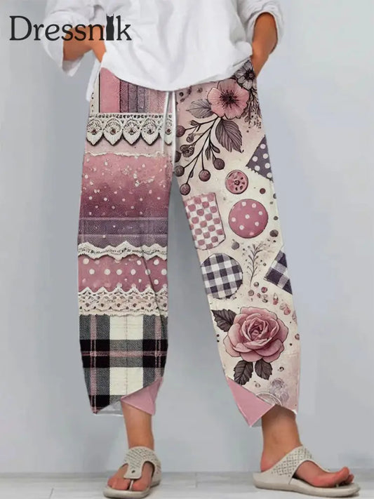 Damen-Blumen-Spitzen-Kunstdruck-Freizeit hosen Rosa / S