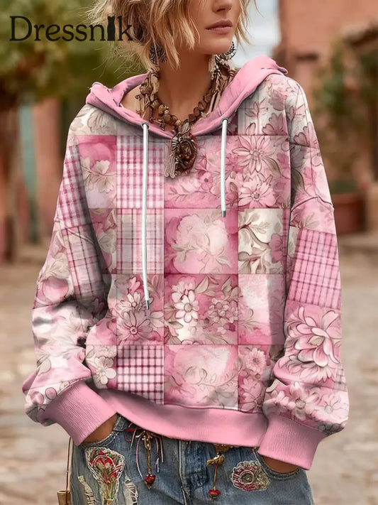 Damen Blumen-Vintage-Patchwork-Sweatshirt mit übergroßer Kapuze Rosa / S
