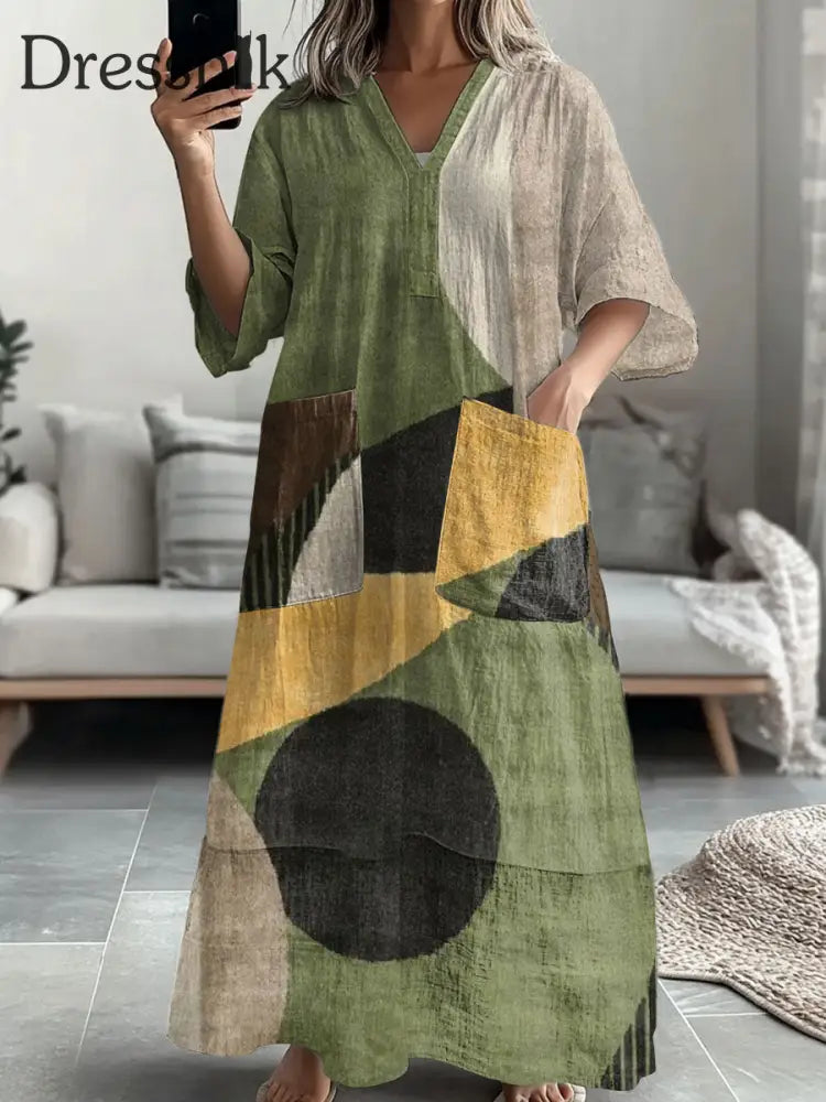 Damen-Boho-Block-Print-Midi-Kleid mit V-Ausschnitt bunt / S