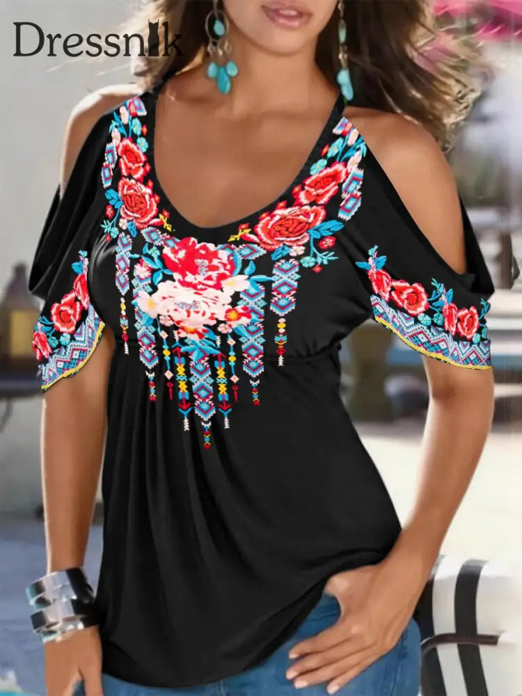 Damen-Boho-Blumen druck schulter frei A / S
