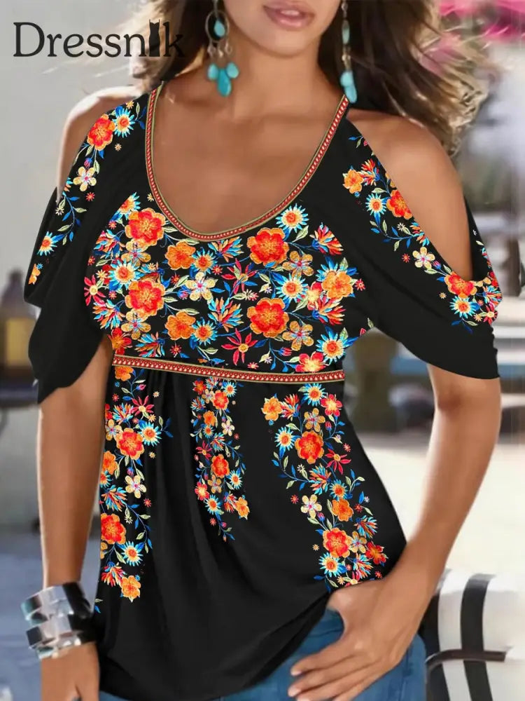 Damen-Boho-Blumen druck schulter frei A / S