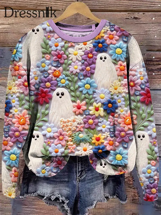 Damen Bunte Blumen Geist Stickerei 3D-Druck Rundhals Locker Bequem Lange Ärmel Sweatshirt Als Foto