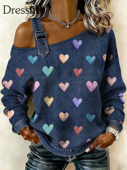 Damen bunte Herzen drucken lässiges Sweatshirt-Top als bild / S