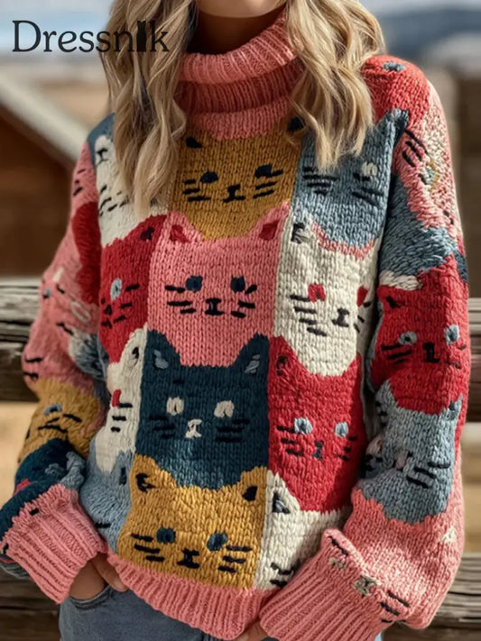 Damen bunte Katze bestickte Kunst Gemütliche gestrickte Roll kragen pullover als bild / S