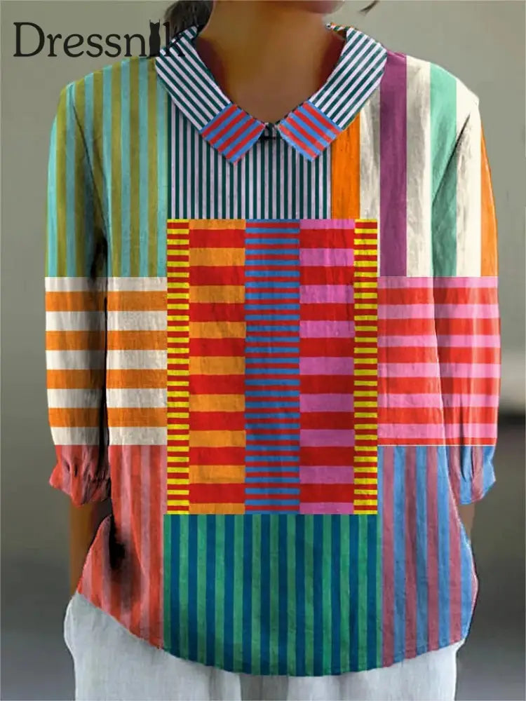 Damen bunte Patchwork-gestreiftes Baumwoll leine 3/4 Ärmel Bluse bunt / S