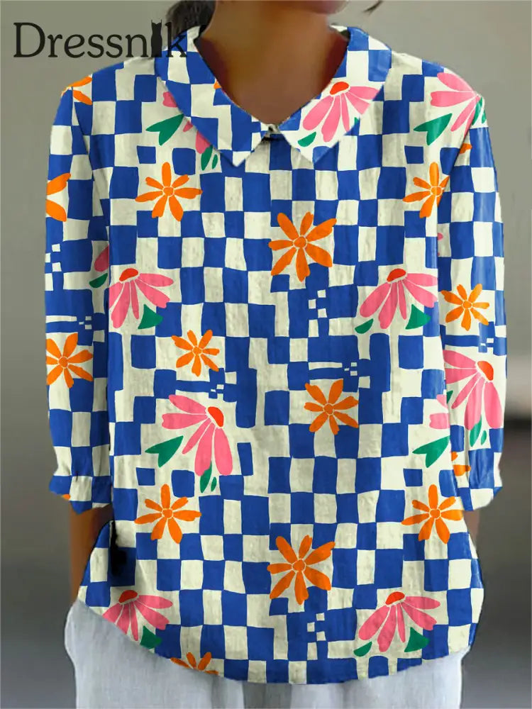 Damen bunter kariertes Hemd mit Blumen kunst lässiges Hemd mit 3/4-Ärmeln aus Baumwolle und Leinen blau / S