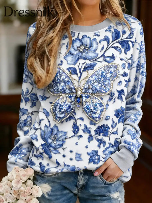 Damen Butterfly Floral Print Lässiges T-Shirt mit langen Ärmeln blau / S