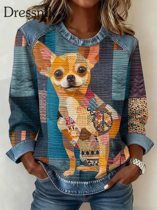 Damen Chihuahua Bedrucktes Jeans-Patchwork-Top als bild / S