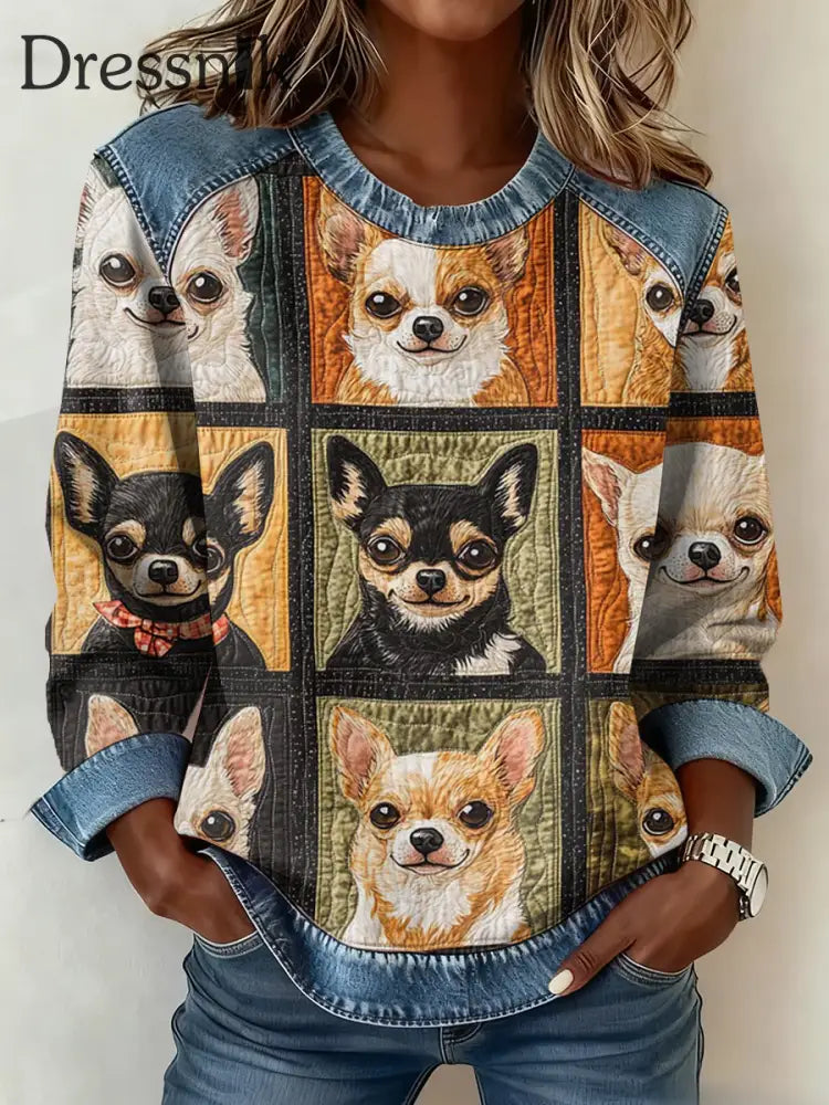 Damen Chihuahua Bedrucktes Jeans-Patchwork-Top als bild / S