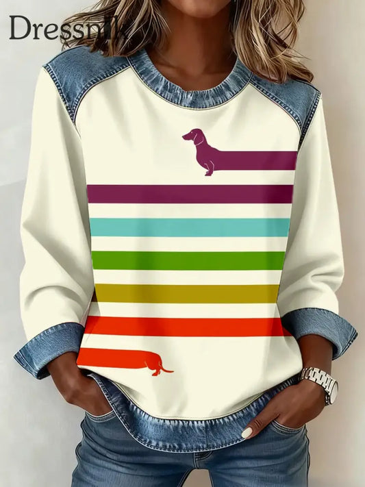 Damen Dackel Kunstdruck Denim Patchwork Sweatshirt als bild / S