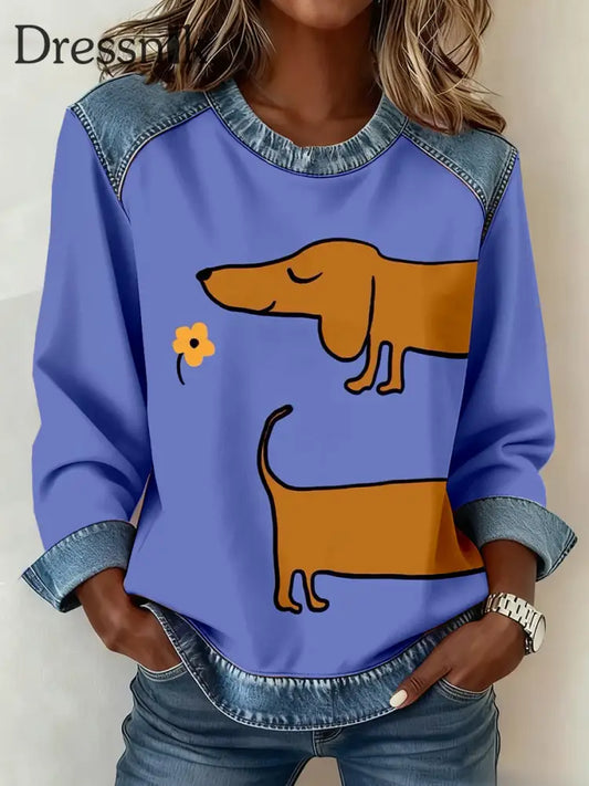 Damen Dackel Kunstdruck Denim Patchwork Sweatshirt als bild / S