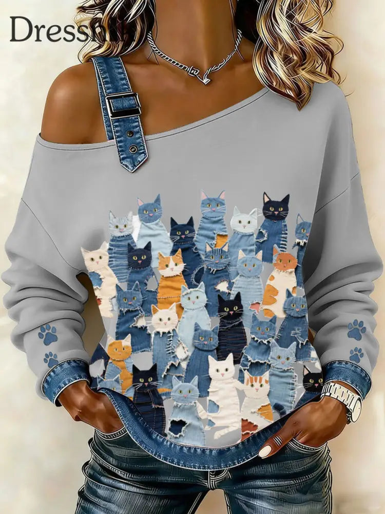 Damen Denim Kitten Top Hellgrau / S
