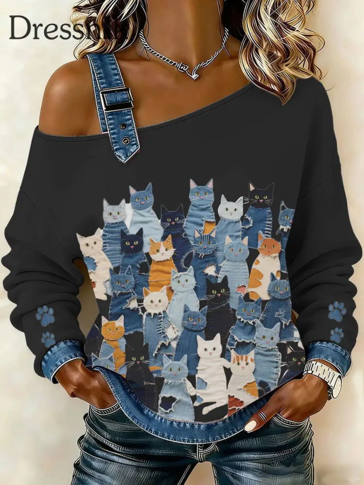 Damen Denim Kitten Top Schwarz / S