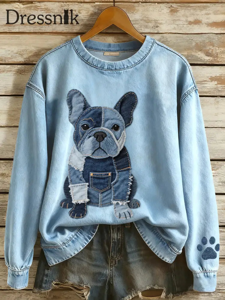 Damen Denim Patchwork Kunst Französische Bulldogge Muster Sweatshirt blau / S