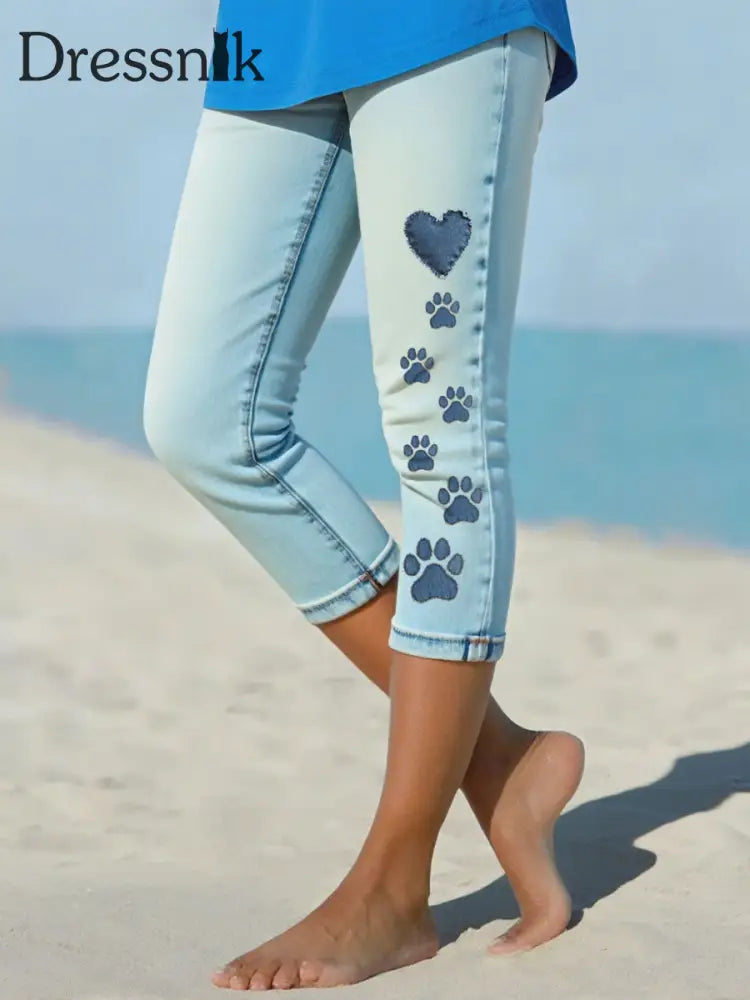 Damen-Denim-Pfoten-Leggings Himmelblau / S