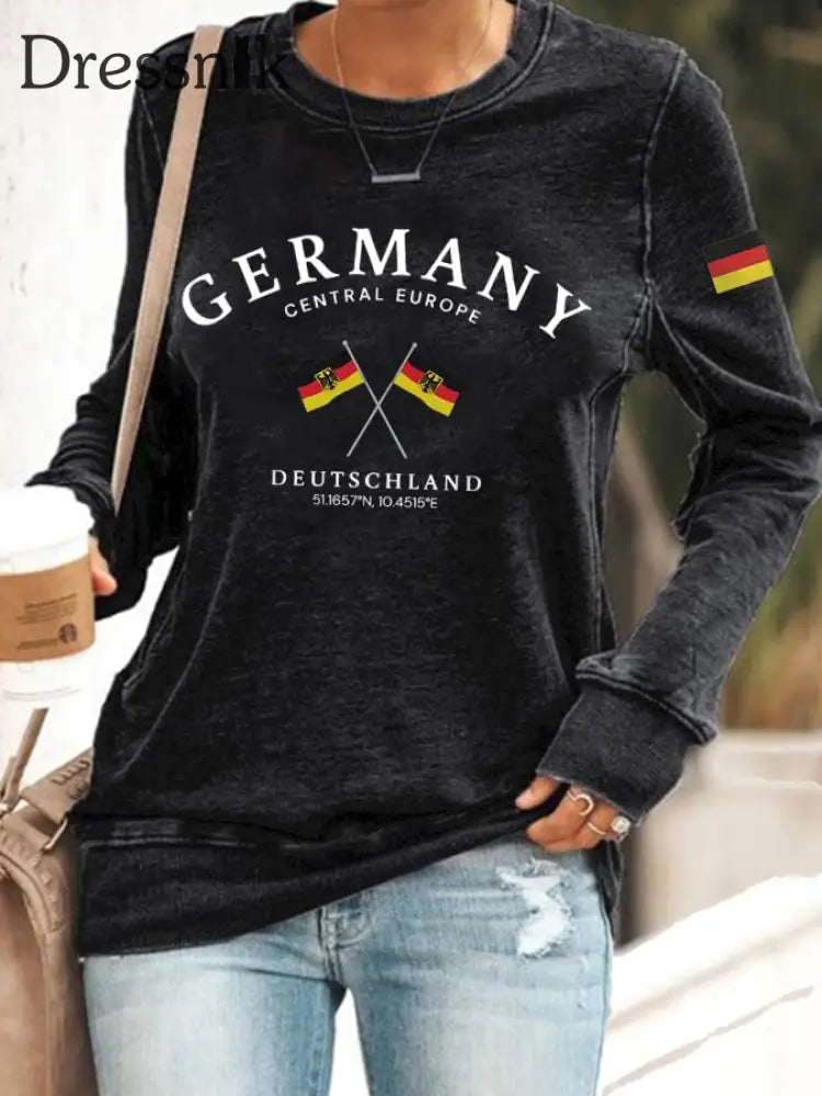 Damen Deutschland bedrucktes langärmliges Sweatshirt Schwarz / S