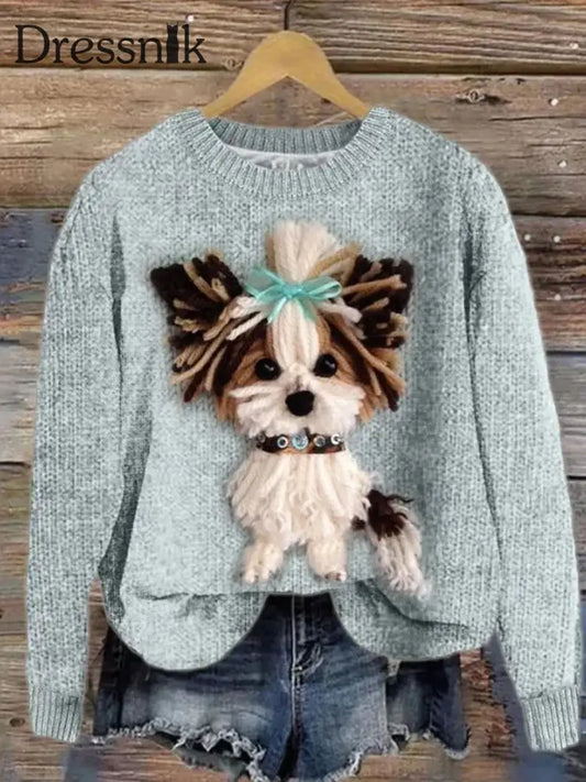 Damen Edler Hund mit Krawatte Gemütlicher Strick pullover blau / S