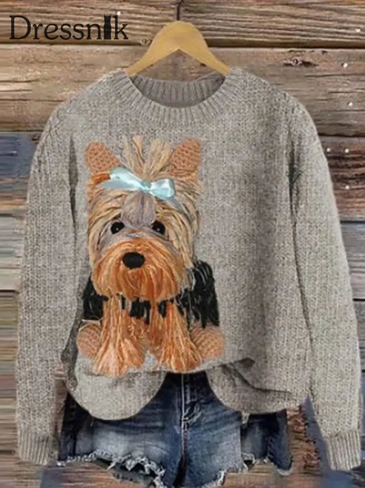 Damen Edler Hund mit Krawatte Gemütlicher Strick pullover Grau / S