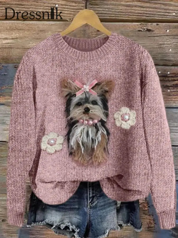 Damen Edler Hund mit Krawatte Gemütlicher Strick pullover Rosa / S