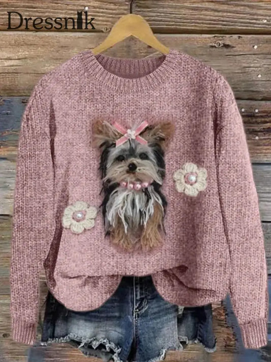 Damen Edler Hund mit Krawatte Gemütlicher Strick pullover Rosa / S