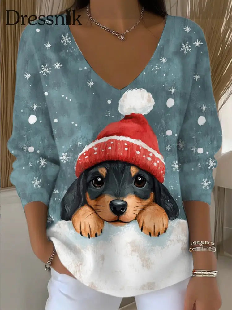 Damen Entzückende Weihnachts mütze Dackel Schnee druck V-Ausschnitt Pullover mehrfarbig / S