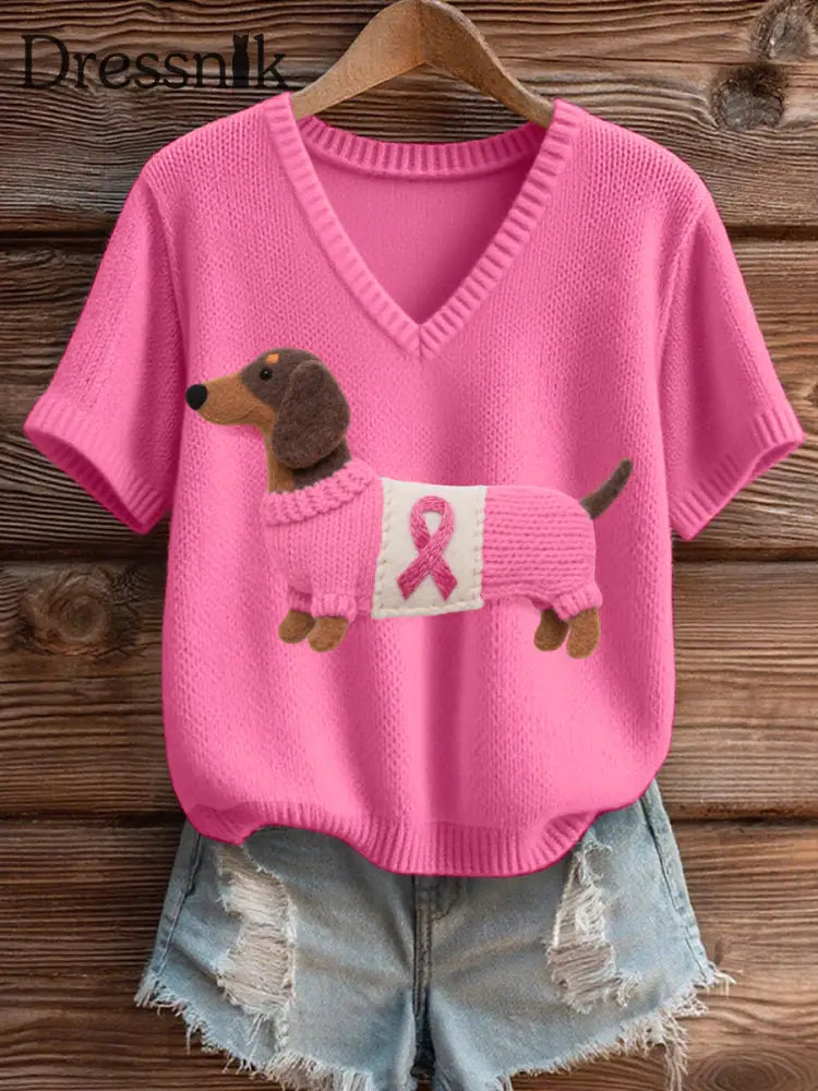 Damen Filz Kunst Dackel Muster Gemütliches V Ausschnitt Stricktop Rosa / S