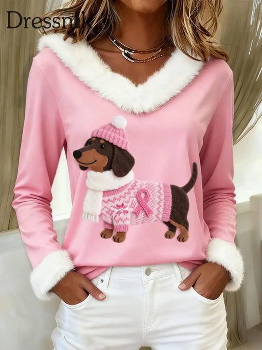 Damen Filz Kunst Dackel Muster pelzigen Top Rosa / S