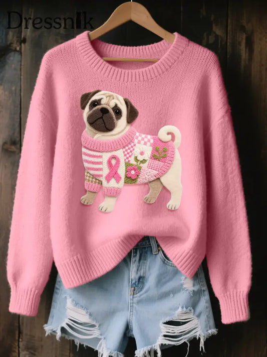 Damen Filz Kunst Mops Muster Gemütliche Strick pullover Rosa / S
