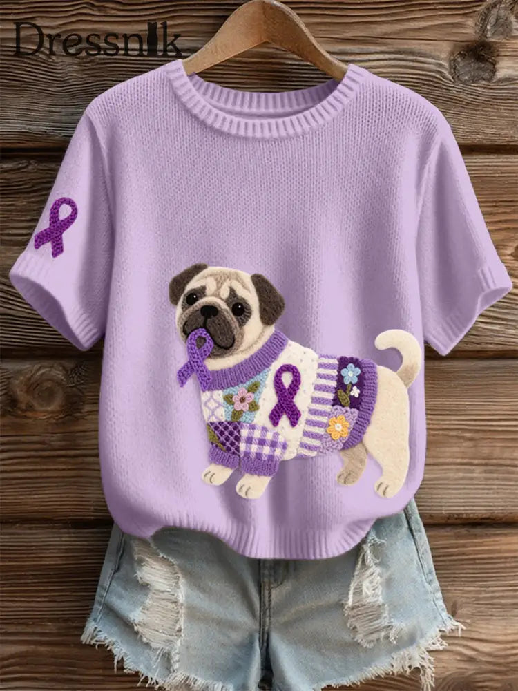 Damen Filz Kunst Mops Muster Gemütliches Stricktop Helles Lila / S