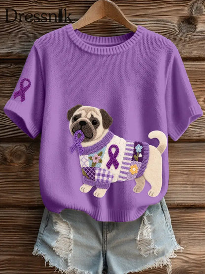 Damen Filz Kunst Mops Muster Gemütliches Stricktop Lila / S