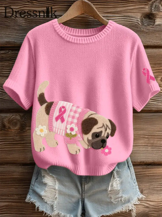 Damen Filz Kunst Mops Muster Gemütliches Stricktop Rosa / S