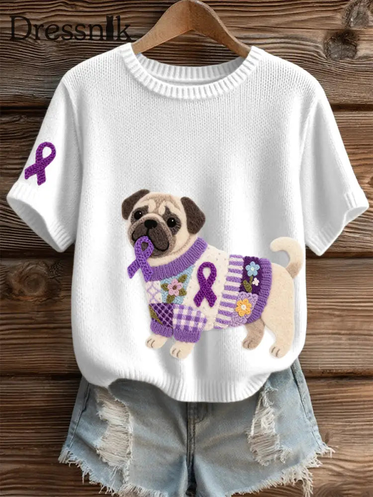 Damen Filz Kunst Mops Muster Gemütliches Stricktop Weiß / S