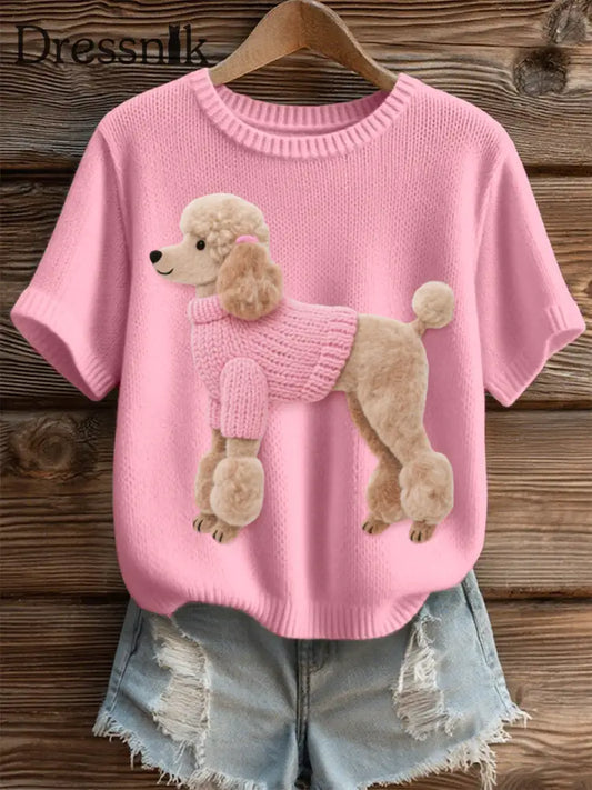 Damen Filz Kunst Pudel Hunde muster Gemütliches Strick oberteil Rosa / S