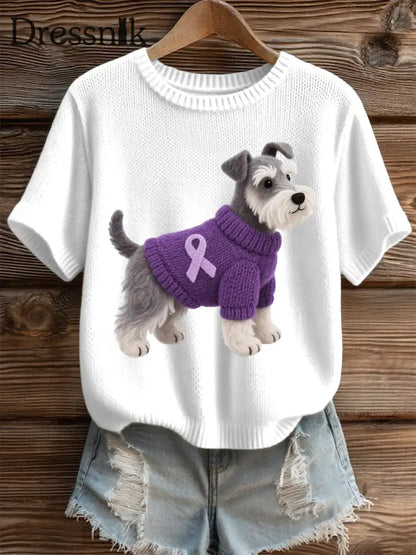 Damen Filz Kunst Schnauzer Muster Gemütliches Strickoberteil Weiß / S