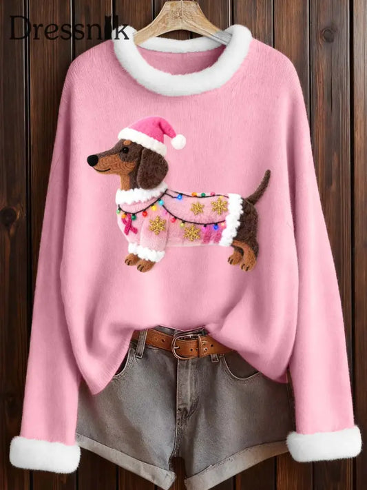 Damen Filzkunst Weihnachts Dackel Muster Gemütliches Top Rosa / S