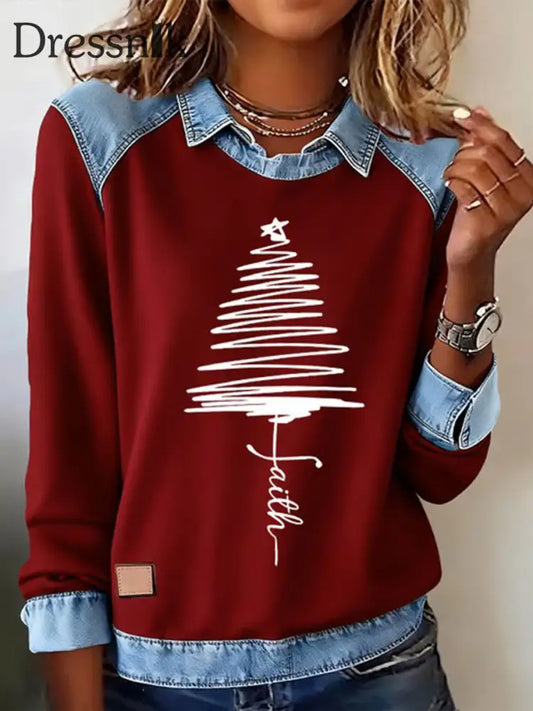 Damen-Fith-Weihnachts baum bedrucktes Hemd tiefrot / S