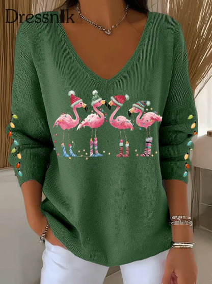 Damen Flamingo mit Weihnachts mütze bedruckte Tops Grün / S