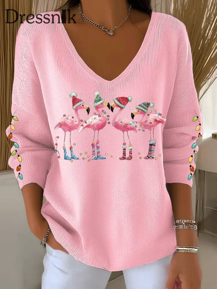 Damen Flamingo mit Weihnachts mütze bedruckte Tops Hellrosa / S