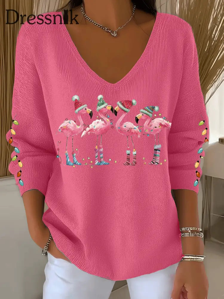 Damen Flamingo mit Weihnachts mütze bedruckte Tops Rosa / S