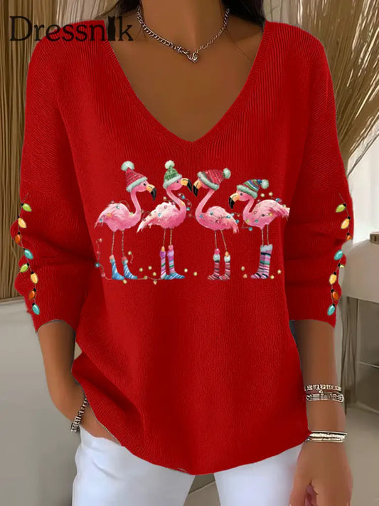 Damen Flamingo mit Weihnachts mütze bedruckte Tops Rot / S