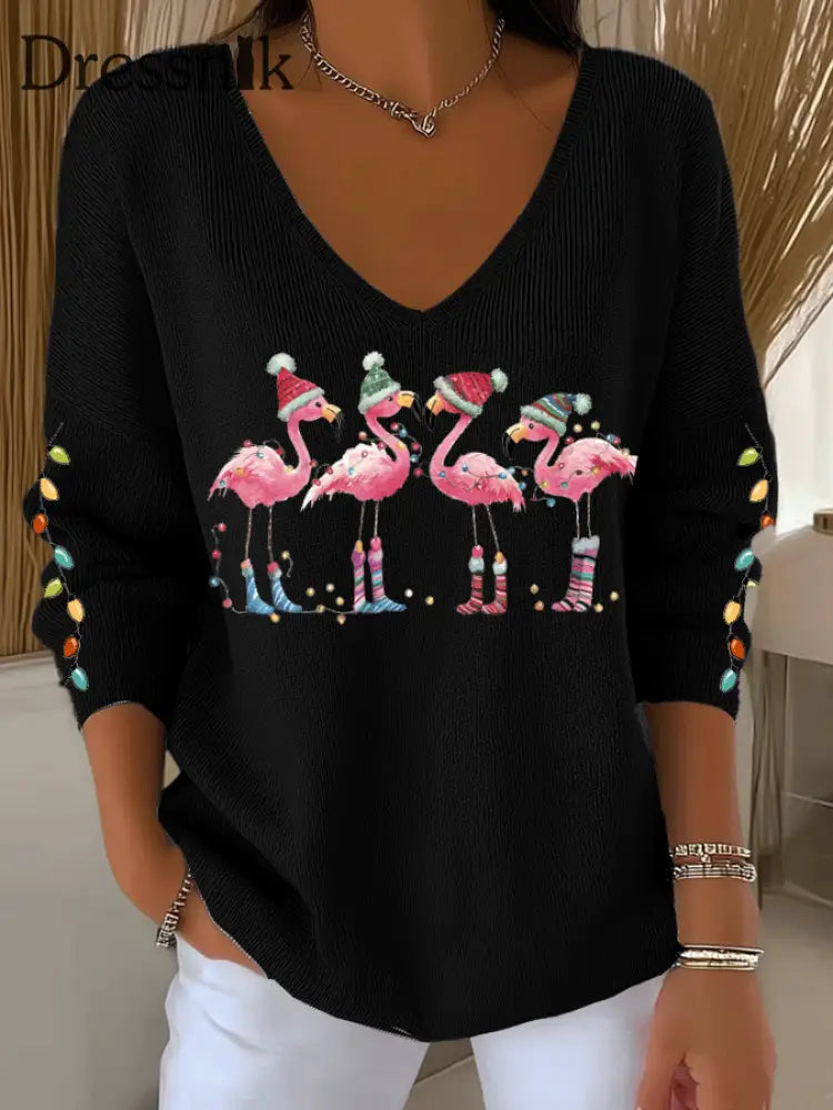 Damen Flamingo mit Weihnachts mütze bedruckte Tops Schwarz / S